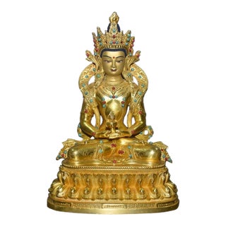 Late 19th Century Gilt Bronze Amitayus Buddha Statue With Turquoise Inlays, 871g For Sale
