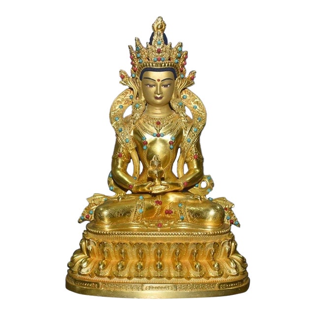 Late 19th Century Gilt Bronze Amitayus Buddha Statue With Turquoise Inlays, 871g For Sale