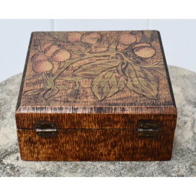 Wood Vintage Pyrography Carved Lidded Box W/Leaves & Fruit For Sale - Image 7 of 13