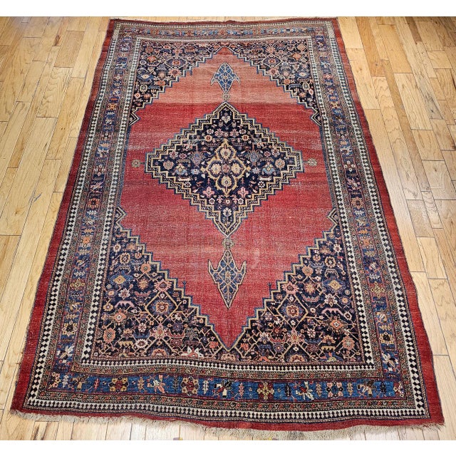 19th Century Persian Bidjar Rug, Hand-Knotted Wool, Geometric Pattern, Red & French Blue, 8x12 For Sale - Image 10 of 11