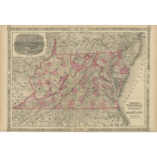 Map of Virginia, Delaware, and Maryland with Fort Monroe Inset from Johnsons, 1864 For Sale
