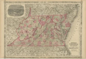 Map of Virginia, Delaware, and Maryland with Fort Monroe Inset from Johnsons, 1864