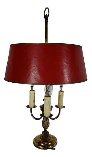 Louis XVI Style Brass Bouillotte Lamp with Red Lampshade, 1890s