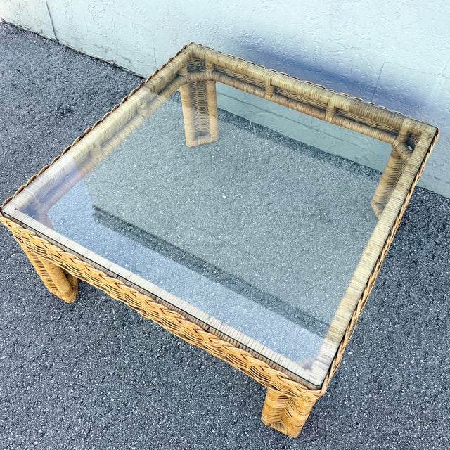 Boho Chic Woven Wicker Glass Top Square Coffee Table For Sale In West Palm - Image 6 of 8