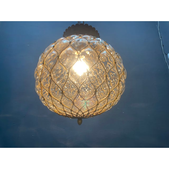 Murano Glass and Brass Caged Pendant Light, Italy, 1960s For Sale - Image 4 of 11