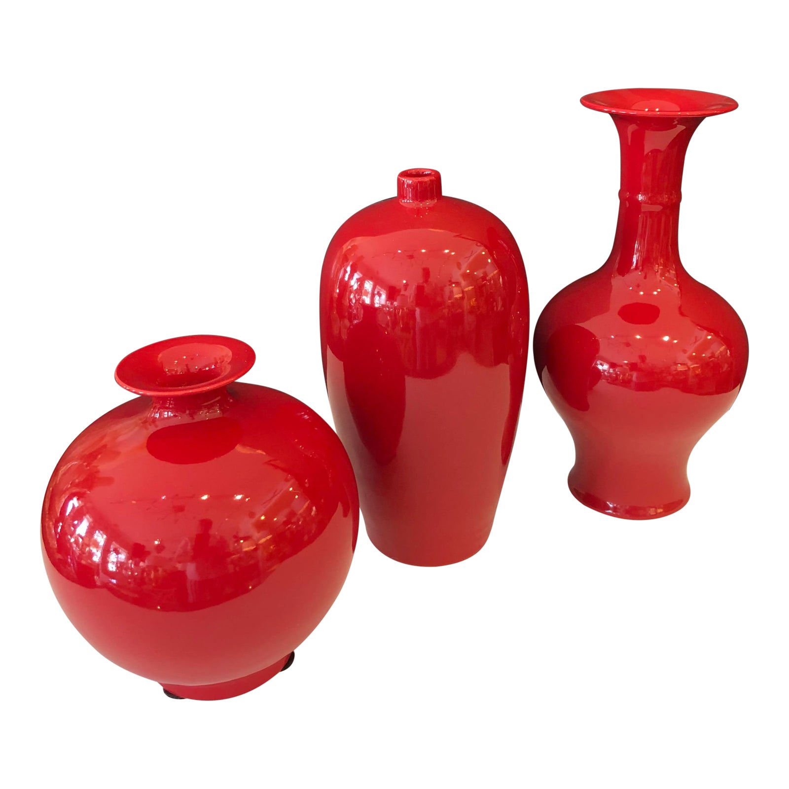 20Th. C. Chinese Red Ceramic Vases Stamped, Set of 3 Chairish