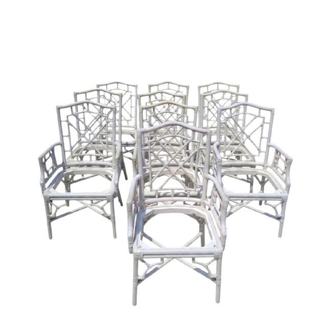 Vintage White Chinese Chippendale Lexington Rattan Palm Beach Regency Dining Room Chairs- Set 10 For Sale - Image 13 of 17
