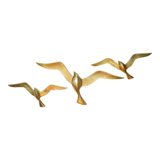 970s Mid-Century Modern Brass Flying Seagulls Wall Sculptures - Set of 3 For Sale