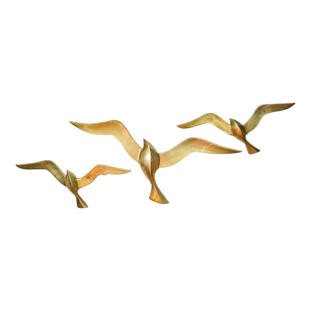 970s Mid-Century Modern Brass Flying Seagulls Wall Sculptures - Set of 3 For Sale