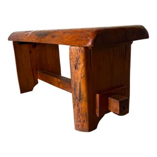 Vintage Handmade Primitive - Style Pine Wood Bench With Trestle Base For Sale