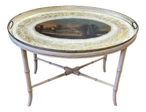 Hand Painted European Garden Scene on Metal Tray on Stand with Glass Insert C.1940