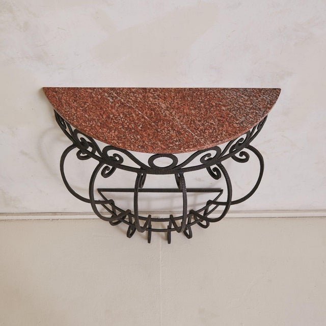 French Wrought Iron Demilune Console with Rosso Verona Marble Top, 1940s For Sale - Image 4 of 8