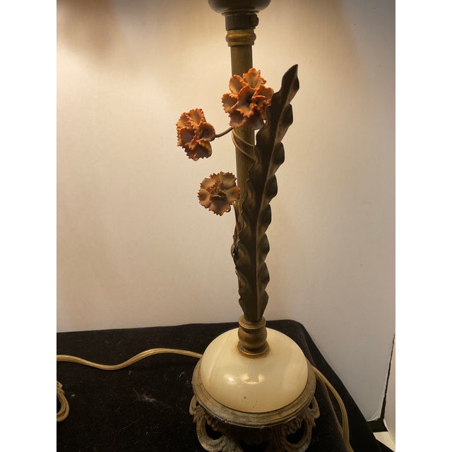 Italian Early 20th Century Italian Metal & Marble Decorative Table Lamps With Metal Flowers - a Pair For Sale - Image 3 of 10