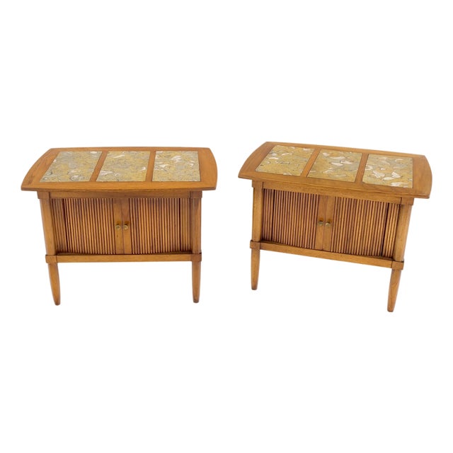 Pair Tomlinson Tambour Door Fossil Marble Top Side End Night Stands Tables Mint! For Sale