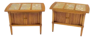 Pair Tomlinson Tambour Door Fossil Marble Top Side End Night Stands Tables Mint!