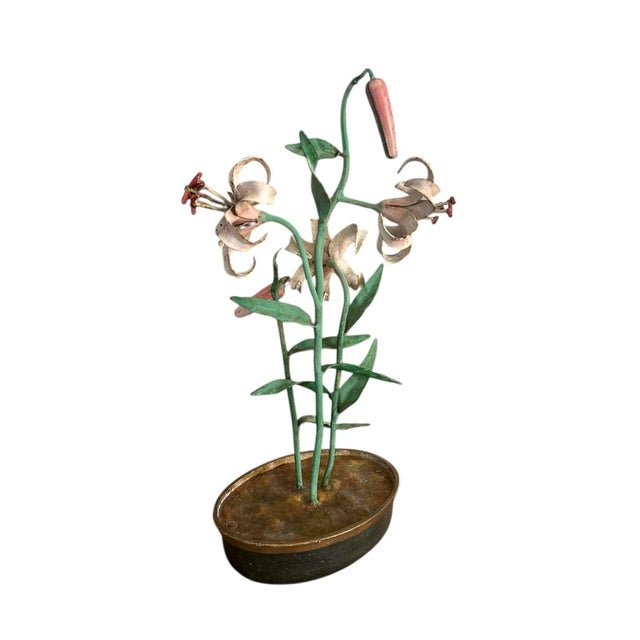 Metal Vintage Italian Tole Flowers Pink Lily / Lilies Floral Arrangement For Sale - Image 7 of 10