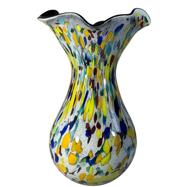 15+ In. Tall Bulbous Multicolor Ruffled Art Glass Confetti Multicolor Vase For Sale - Image 10 of 18