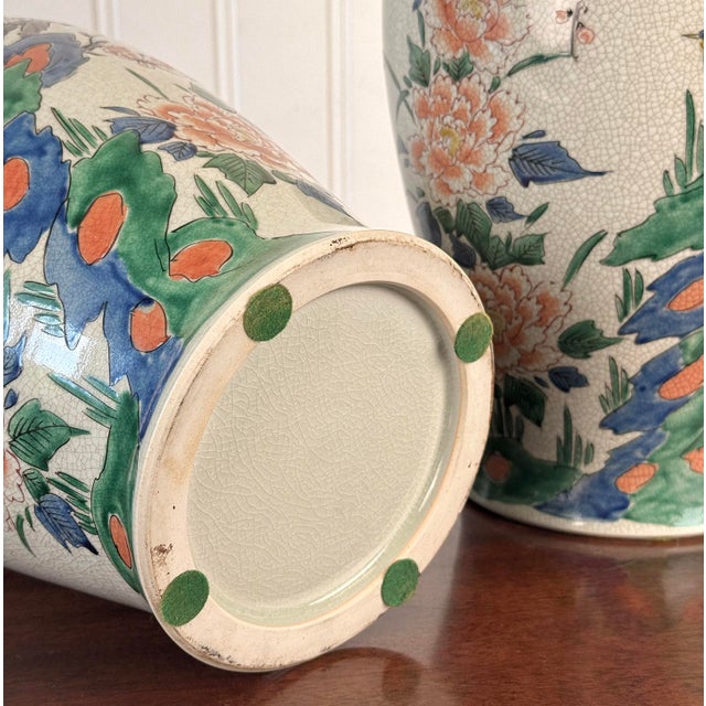 Vintage 16" Chinese Chinoiserie Porcelain Cherry Blossom & Bird Urn - A Pair For Sale - Image 11 of 11