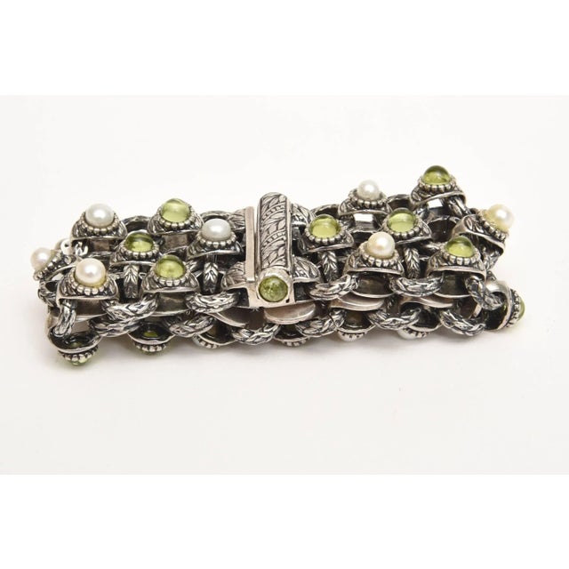 Gemstone Peridot, Pearl and Sterling Silver 3 Row Custom Jeweler Ned Bowman Designed Cuff Bracelet For Sale - Image 7 of 7