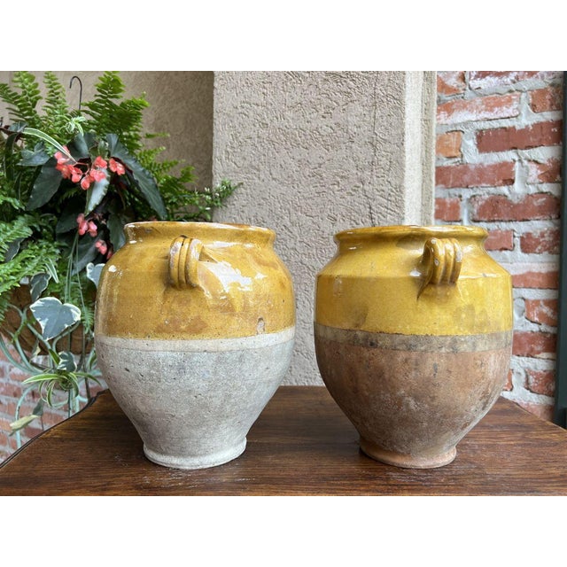 Pair Antique Provincial French Yellow Glazed Pottery Confit Pot Urn Vase Vessel For Sale In Dallas - Image 6 of 13