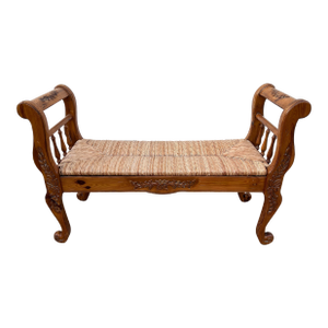Rustic Farmhouse Carved Maple Bench With Woven Rush Seat