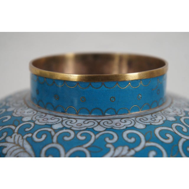 Metal Antique Turquoise Cloisonné Chrysanthemums Lidded Ginger Jar Vase Urn - a Pair For Sale - Image 7 of 12