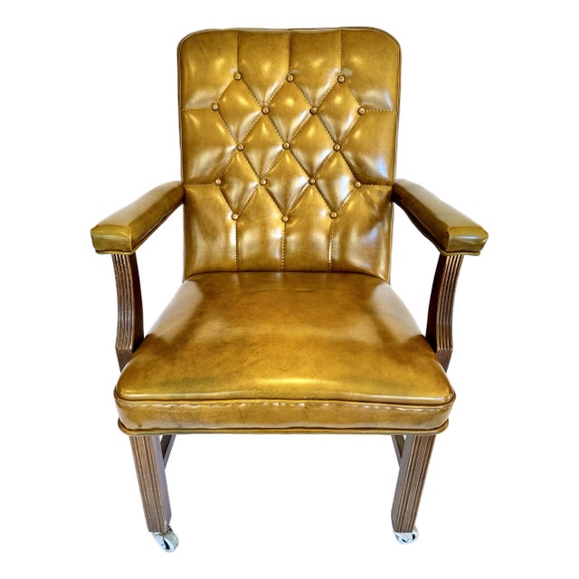 Vintage Mid-Century Tufted Camel Vinyl Armchair on Casters For Sale
