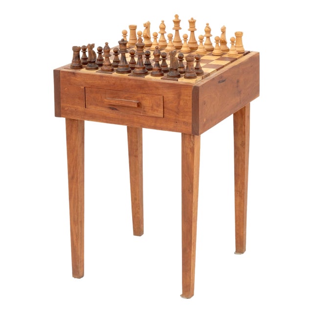 Contemporary Carved Wood Chess Table and Chessmen For Sale