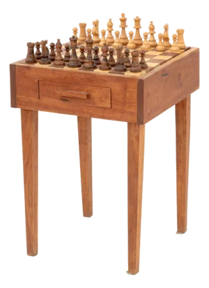 Contemporary Carved Wood Chess Table and Chessmen