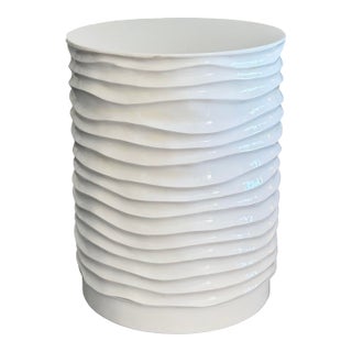 Modern Organic Made Goods Sculptural White Ceramic Ripple Garden Stool Side Table Indoor Outdoor For Sale