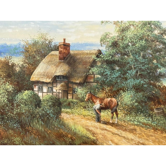 Rural Scene with Horses, Farm Workers & Thatched Cottage in English Countryside 1980 Circa For Sale - Image 14 of 16
