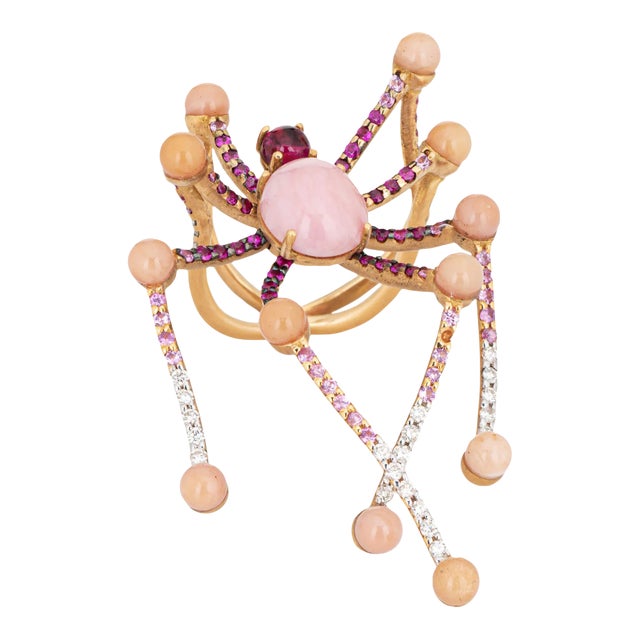 Vasari 18k Yellow Gold Pink Opal Diamond Rubellite Spider Ring Size 6.5 For Sale