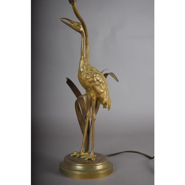 1920s Art Deco Gilt Brass Sculpted Crane Table Lamp with Frosted Glass Shade, Europe, 1930s For Sale - Image 5 of 9