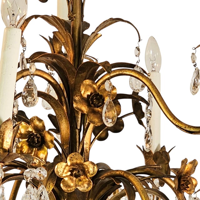 Mid 20th Century Italian Hollywood Regency Gilt Tole 9-Arm Chandelier With Crystal Drops, 1950s For Sale - Image 5 of 10