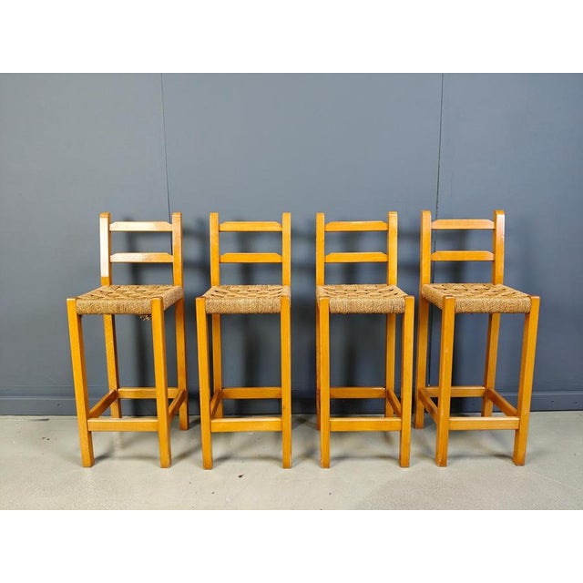 Vintage Oak and Papercord Bar Stools, 1960s, Set of 4 For Sale - Image 12 of 15