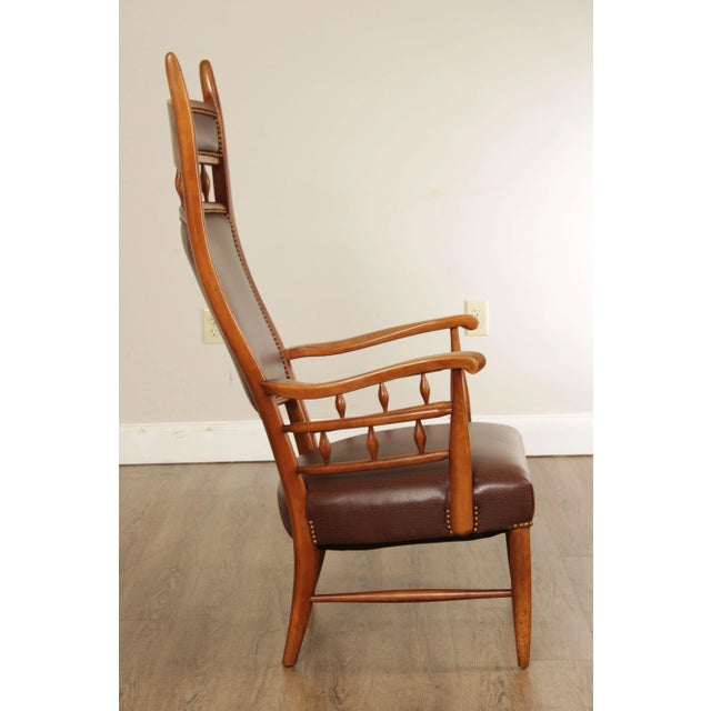 Brown Mid Century Unusual High Back Sculpted Maple & Leather Arm Chair For Sale - Image 8 of 12