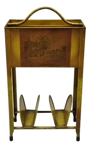 Antique Italian Metal Yellow Toleware Magazine Rack Stand Envelope Letter Shelf