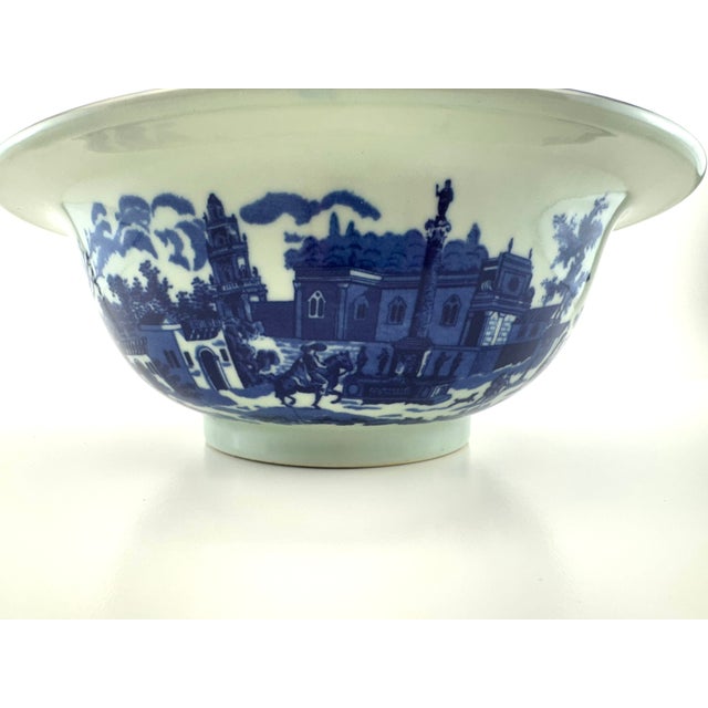 English Antique Staffordshire Blue & White Transferware Bowl With Landscape For Sale - Image 3 of 11
