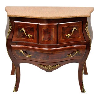 Late 20th Century Vintage French Louis XV Style Marble Top Bombe Chest Dresser Commode For Sale