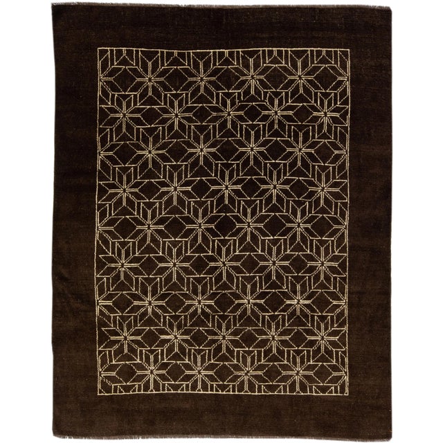 Brown Dark Brown Modern Moroccan Style Handmade Geometric Motif Wool Rug For Sale - Image 8 of 8