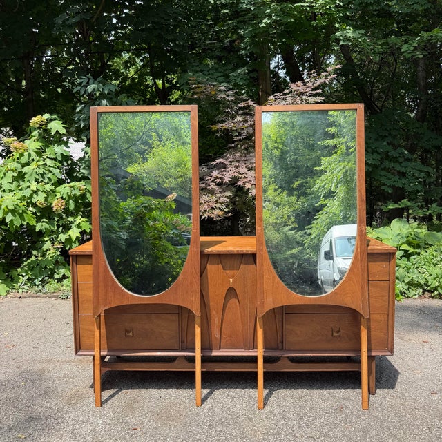 Mid-Century Modern Mid Century Modern Broyhill Brasilia 9 Drawer Walnut Lowboy With Two Mirrors For Sale - Image 3 of 12