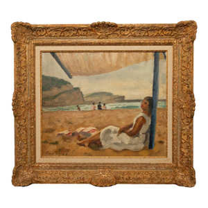 French Oil on Canvas Post Impressionist Portrait Painting Beach Sea Scene Spain by Charles Picart Le Doux, 1933