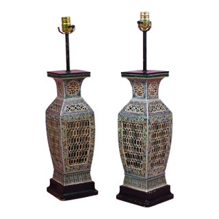 Late 20th Century Chinoiserie Colorful Table Lamps - Pair For Sale