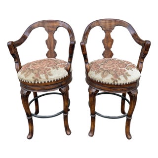 Maitland Smith Style Swivel Bar Stools - Carved Wood, Upholstered Seats, Priced to Sell For Sale