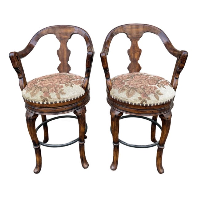 Maitland Smith Style Swivel Bar Stools - Carved Wood, Upholstered Seats, Priced to Sell For Sale