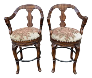 Maitland Smith Style Swivel Bar Stools - Carved Wood, Upholstered Seats, Priced to Sell