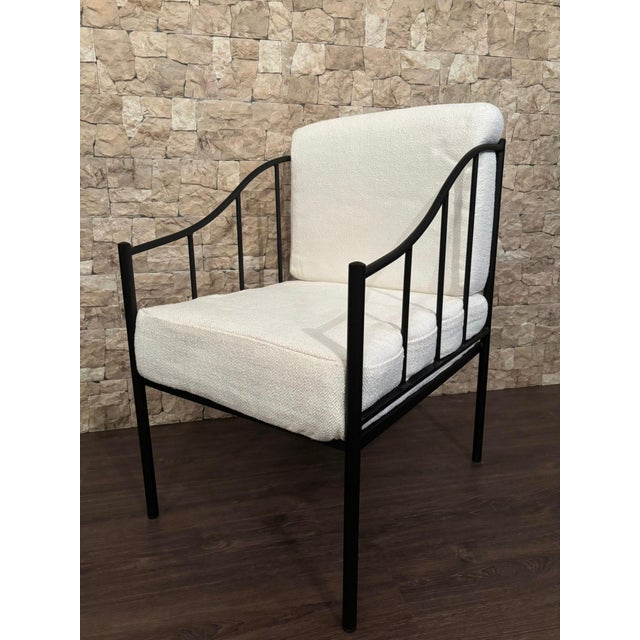 Neoclassical Wrought Iron Black Lounge Chair with White Fabric For Sale - Image 3 of 18