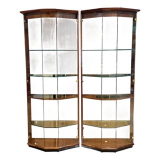 Henredon Set of 2 Cherry Wood Vitrine Illuminated Display Cabinets Book Matched Pair For Sale