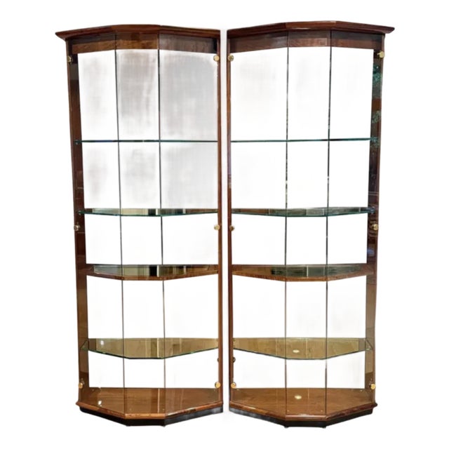 Henredon Set of 2 Cherry Wood Vitrine Illuminated Display Cabinets Book Matched Pair For Sale