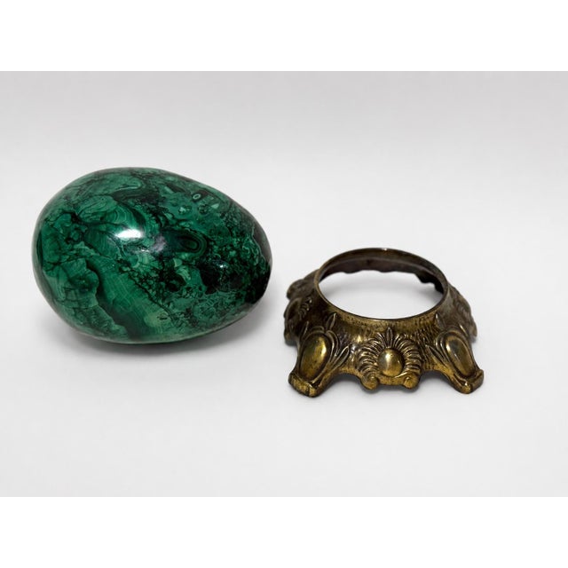1950s Large & Heavy Sculpted Malachite Egg Specimen Sculpture on Ornate Brass Stand For Sale - Image 5 of 10